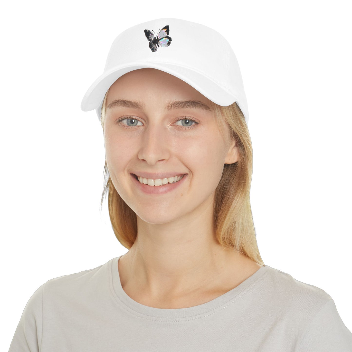 Butterfly Graphic Baseball Cap — Iridescent Black & White Embroidered Hat