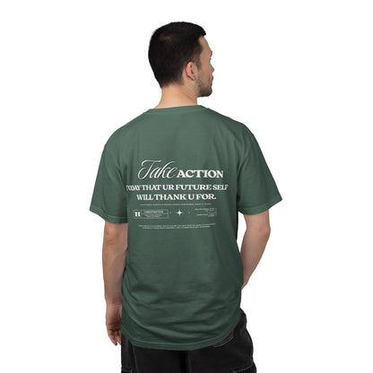 Take Action T-Shirt — Motivational Hourglass Design ("Take Action, Today That Ur Future Self Will Thank U For")